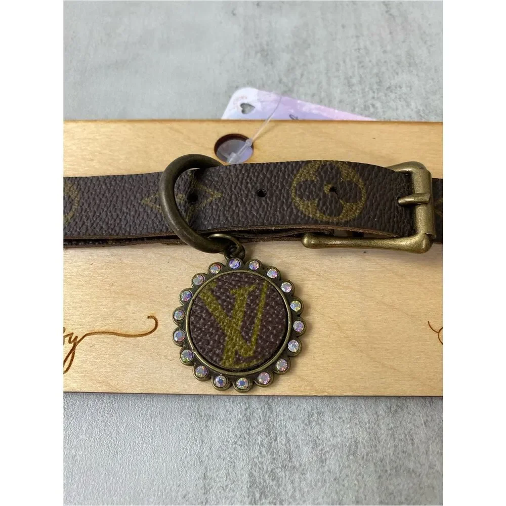 Brown Designer Monogram Dog Collar with Decorative Charm upcycle LV